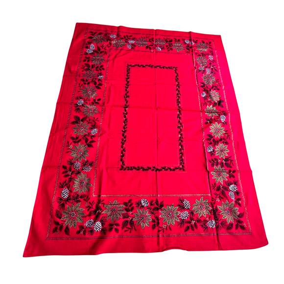 Vintage Christmas Holiday rectangle Tablecloth red gold leaves white pinecones - Picture 7 of 9